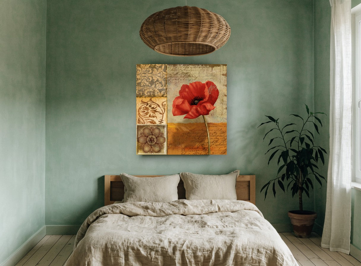 Poppy and Script floral canvas print on the wall of a bedroom