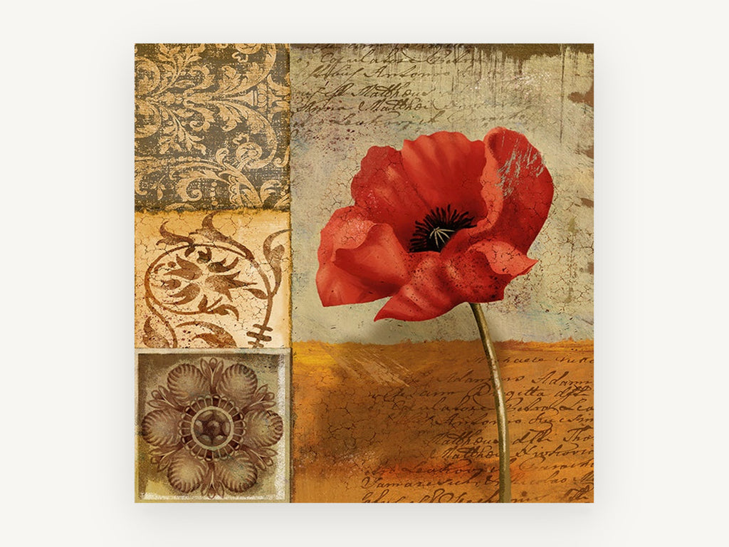 Poppy and Script, floral canvas wall art print, front view