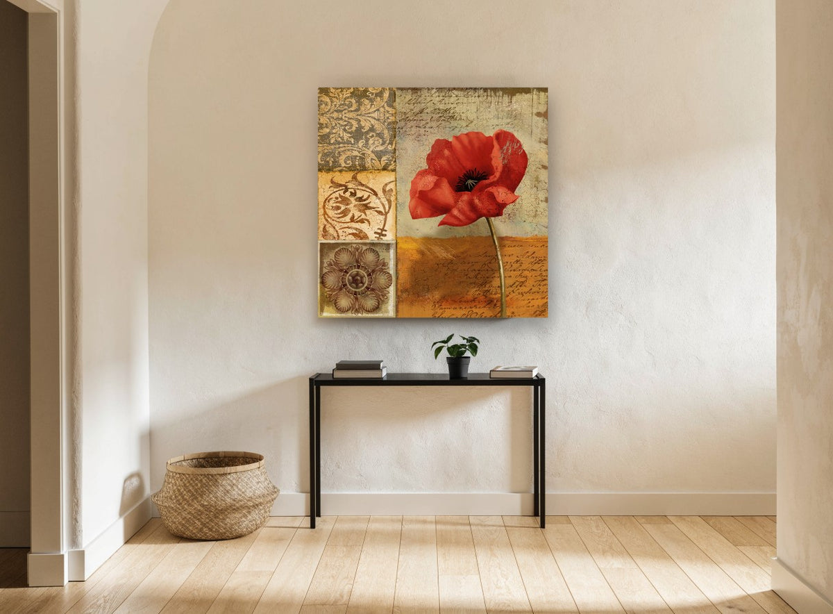 Poppy and Script floral canvas print on the wall of a hallway