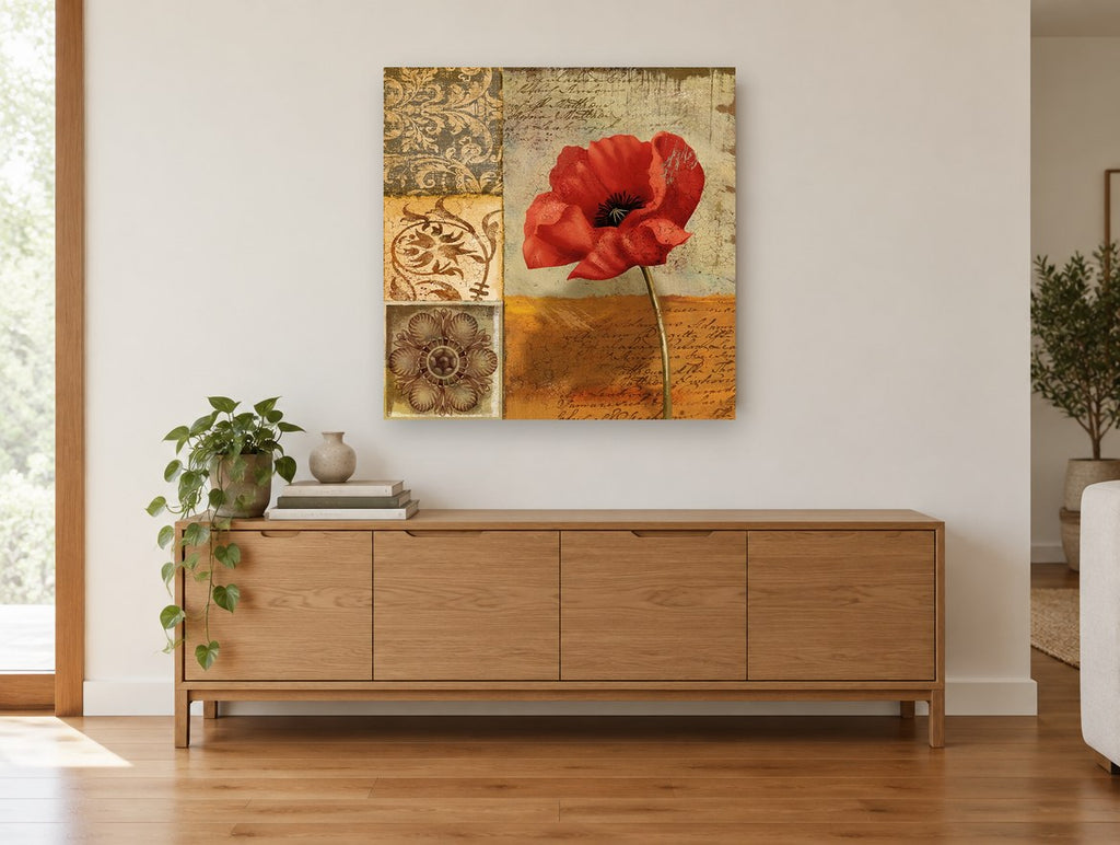 Poppy and Script floral canvas print on the wall of a living room above a sideboard