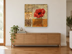 Poppy and Script floral canvas print on the wall of a living room above a sideboard