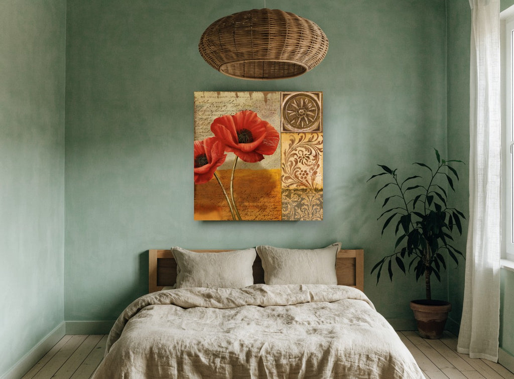 Scarlet Poppies Manuscript floral canvas print on the wall of a bedroom