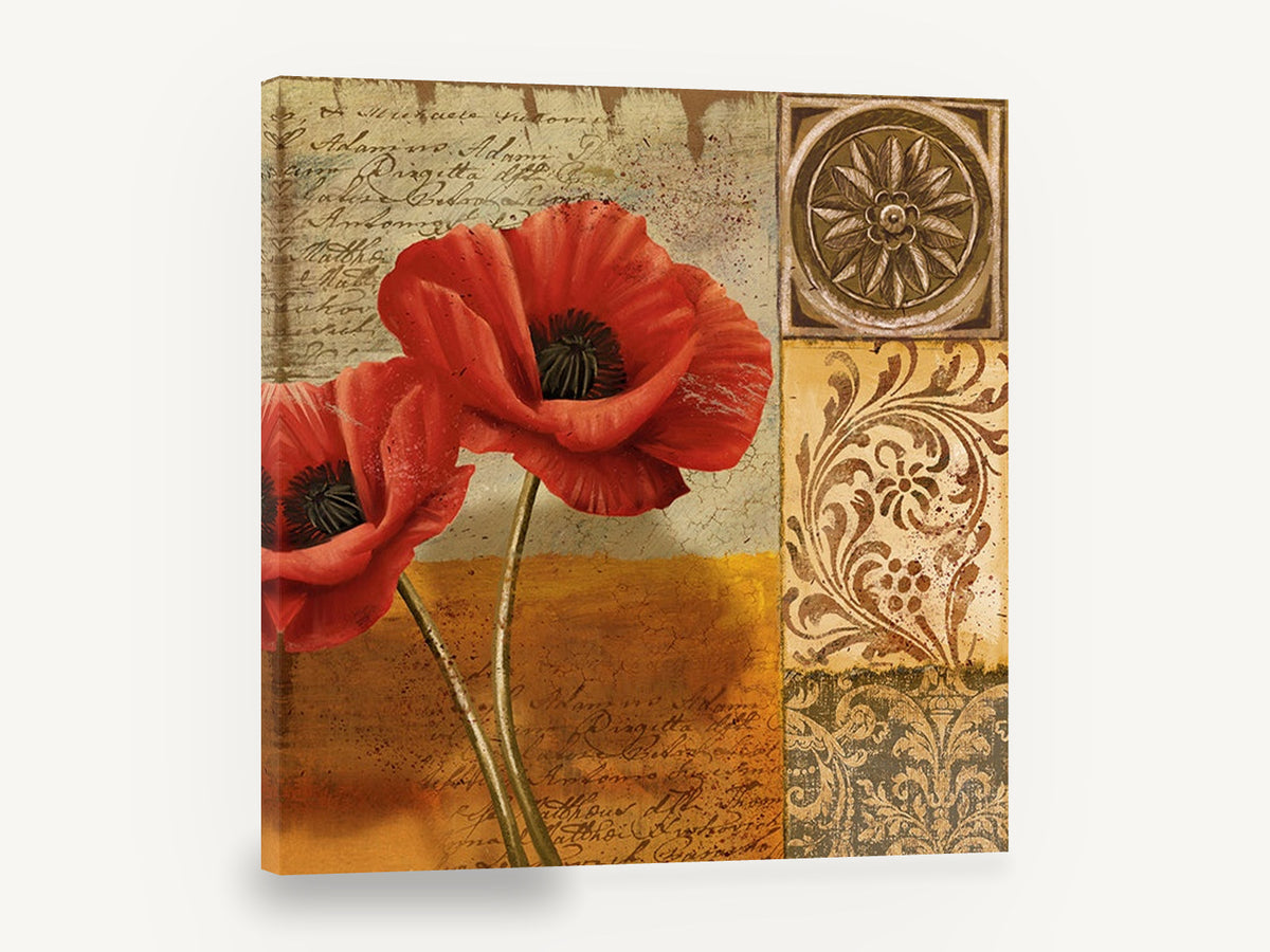 Scarlet Poppies Manuscript, red poppy script collage floral, floral canvas wall art print ready to hang
