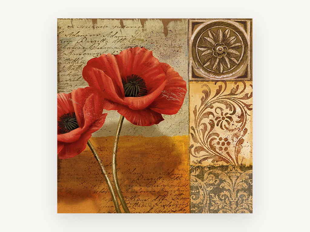 Scarlet Poppies Manuscript, floral canvas wall art print, front view