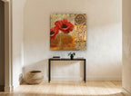 Scarlet Poppies Manuscript floral canvas print on the wall of a hallway