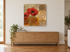 Scarlet Poppies Manuscript floral canvas print on the wall of a living room above a sideboard