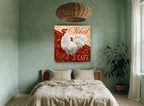 Soleil Café Rooster vintage canvas print on the wall of a bedroom