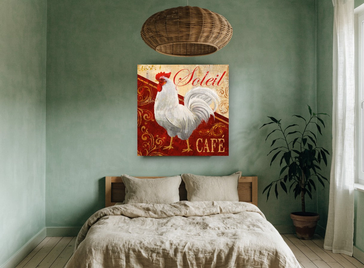 Soleil Café Rooster vintage canvas print on the wall of a bedroom