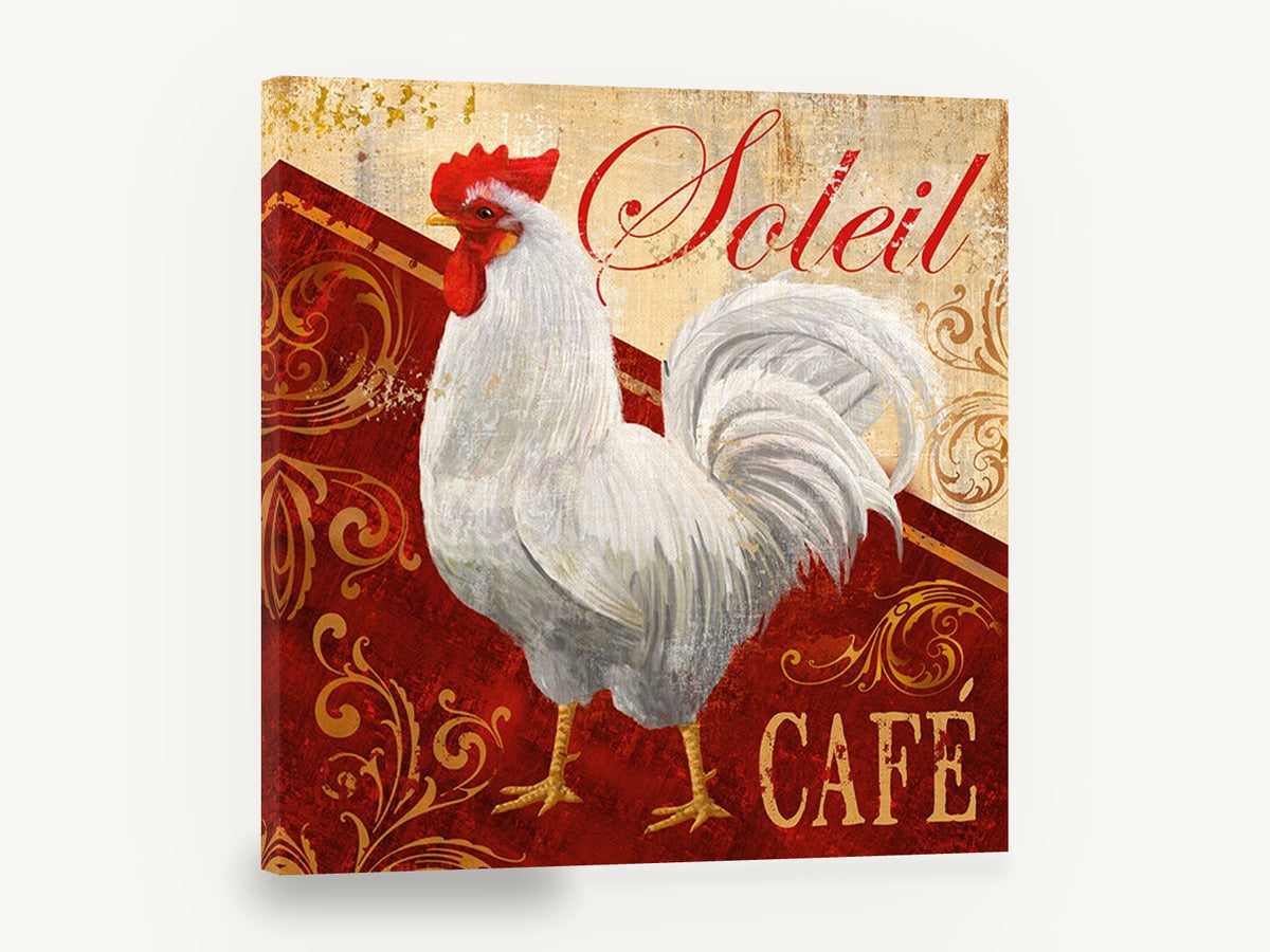 Soleil Café Rooster, retro white rooster café sign, stretched canvas wall art print ready to hang