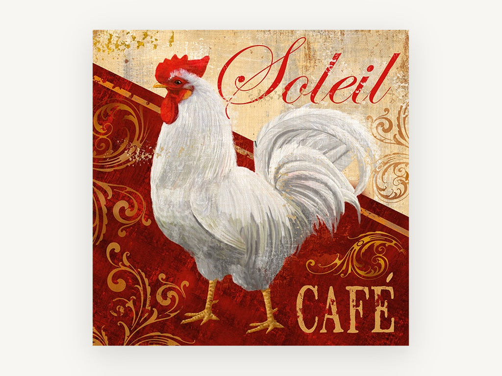 Soleil Café Rooster, vintage canvas wall art print, front view