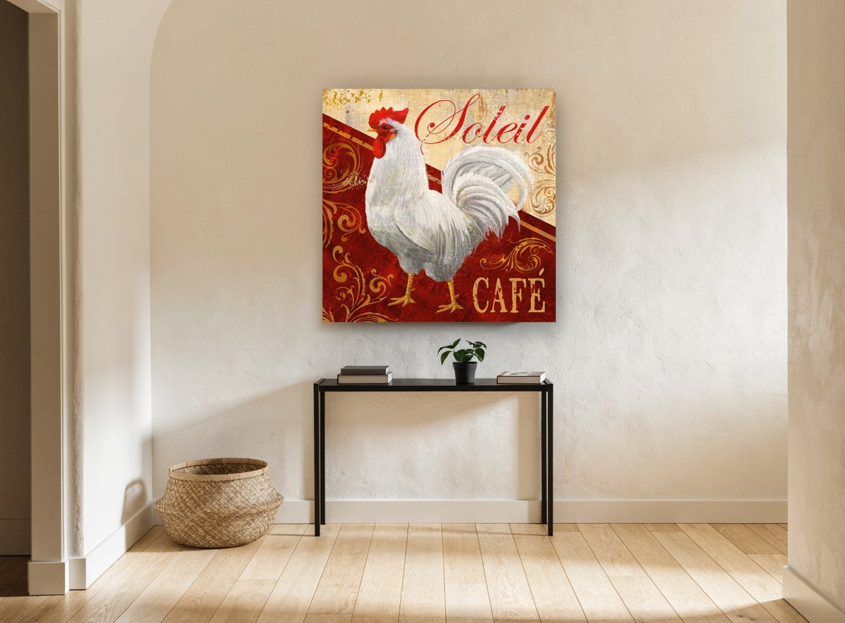 Soleil Café Rooster vintage canvas print on the wall of a hallway