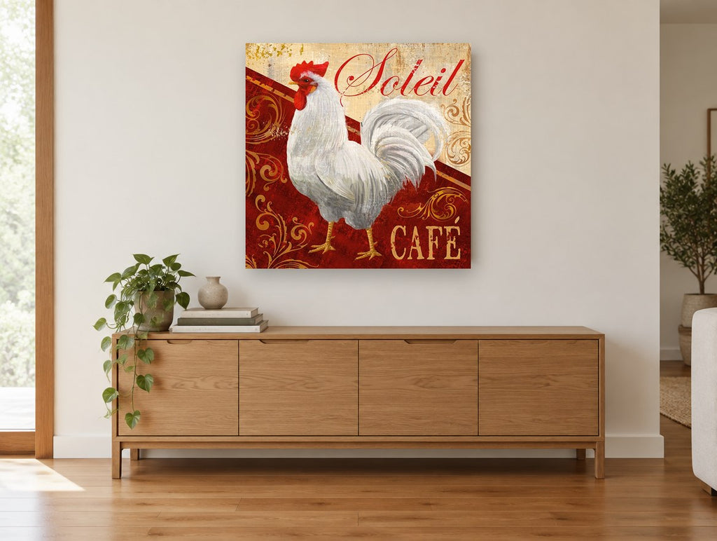 Soleil Café Rooster vintage canvas print on the wall of a living room above a sideboard