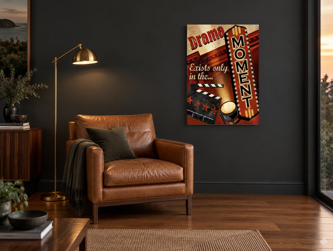 Drama In The Moment vintage canvas print on the wall of a charcoal living room