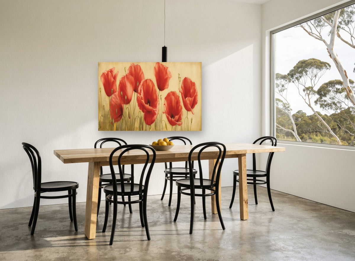 Scarlet Poppy Meadow floral canvas print on the wall of a dining room
