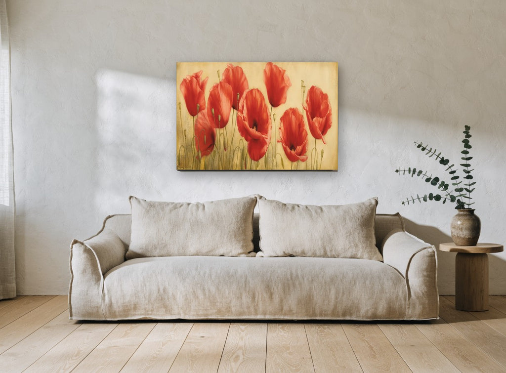 Scarlet Poppy Meadow floral canvas print on the wall of a living room