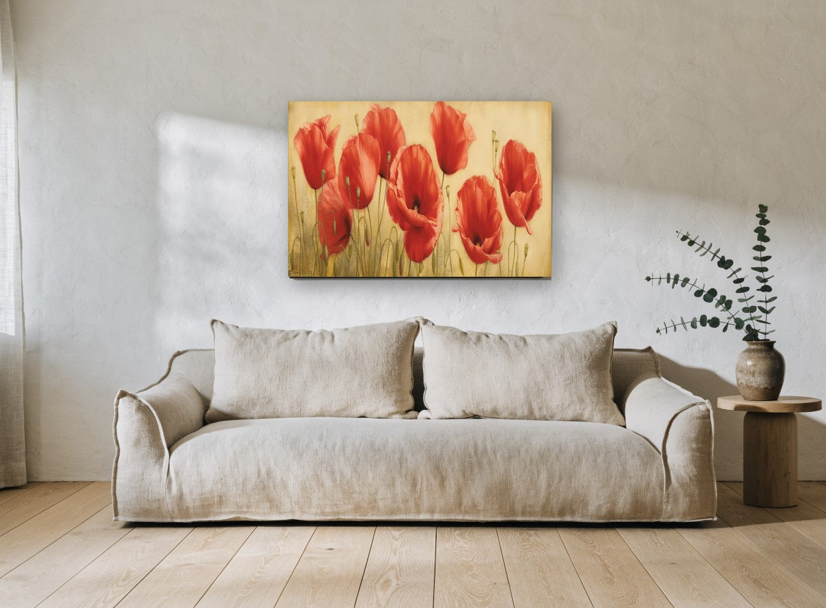 Scarlet Poppy Meadow floral canvas print on the wall of a living room