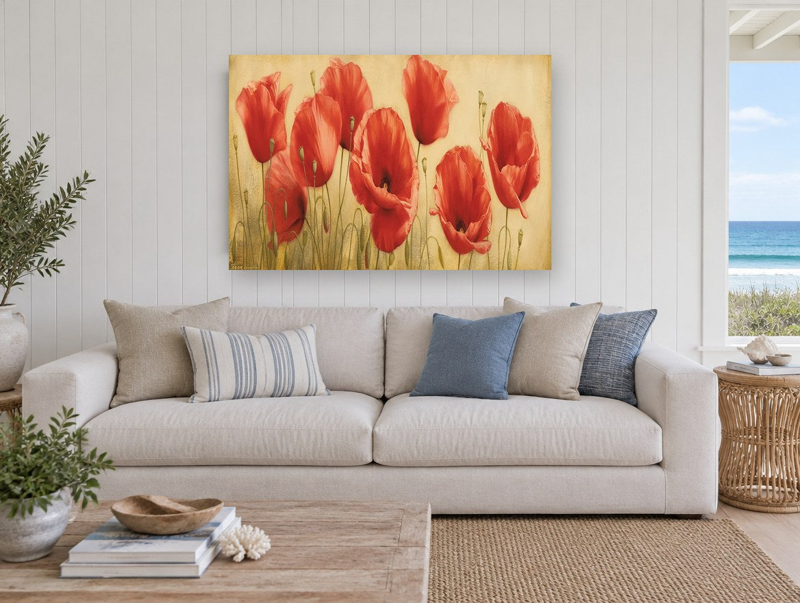 Scarlet Poppy Meadow floral canvas print on the wall of a beach house living room