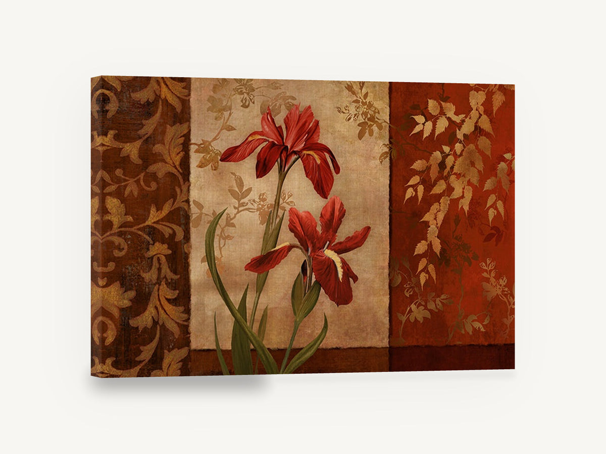 Crimson Iris Triptych, red iris floral botanical panels, floral canvas wall art print ready to hang