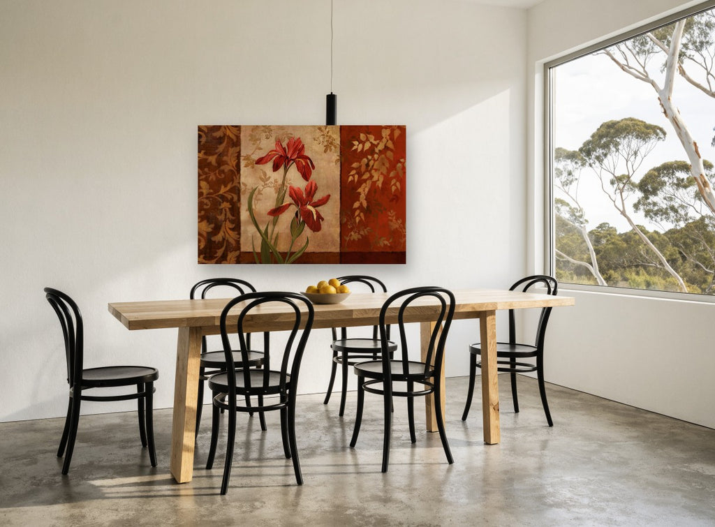 Crimson Iris Triptych floral canvas print on the wall of a dining room