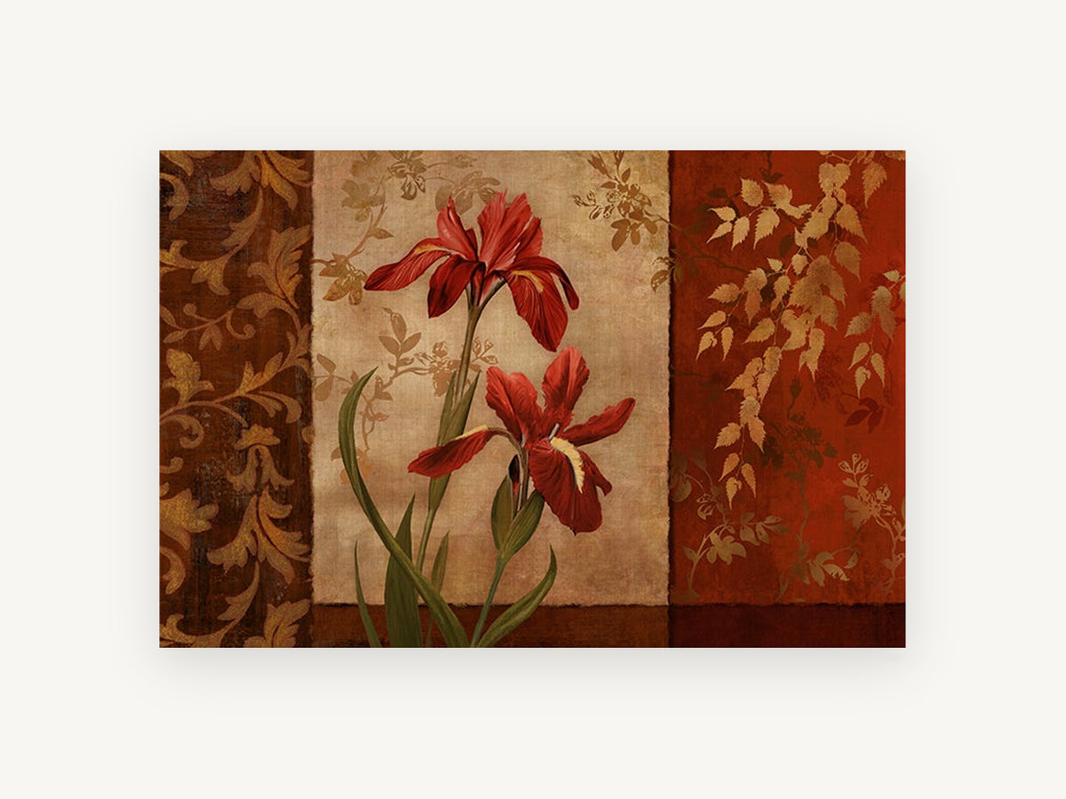 Crimson Iris Triptych, floral canvas wall art print, front view