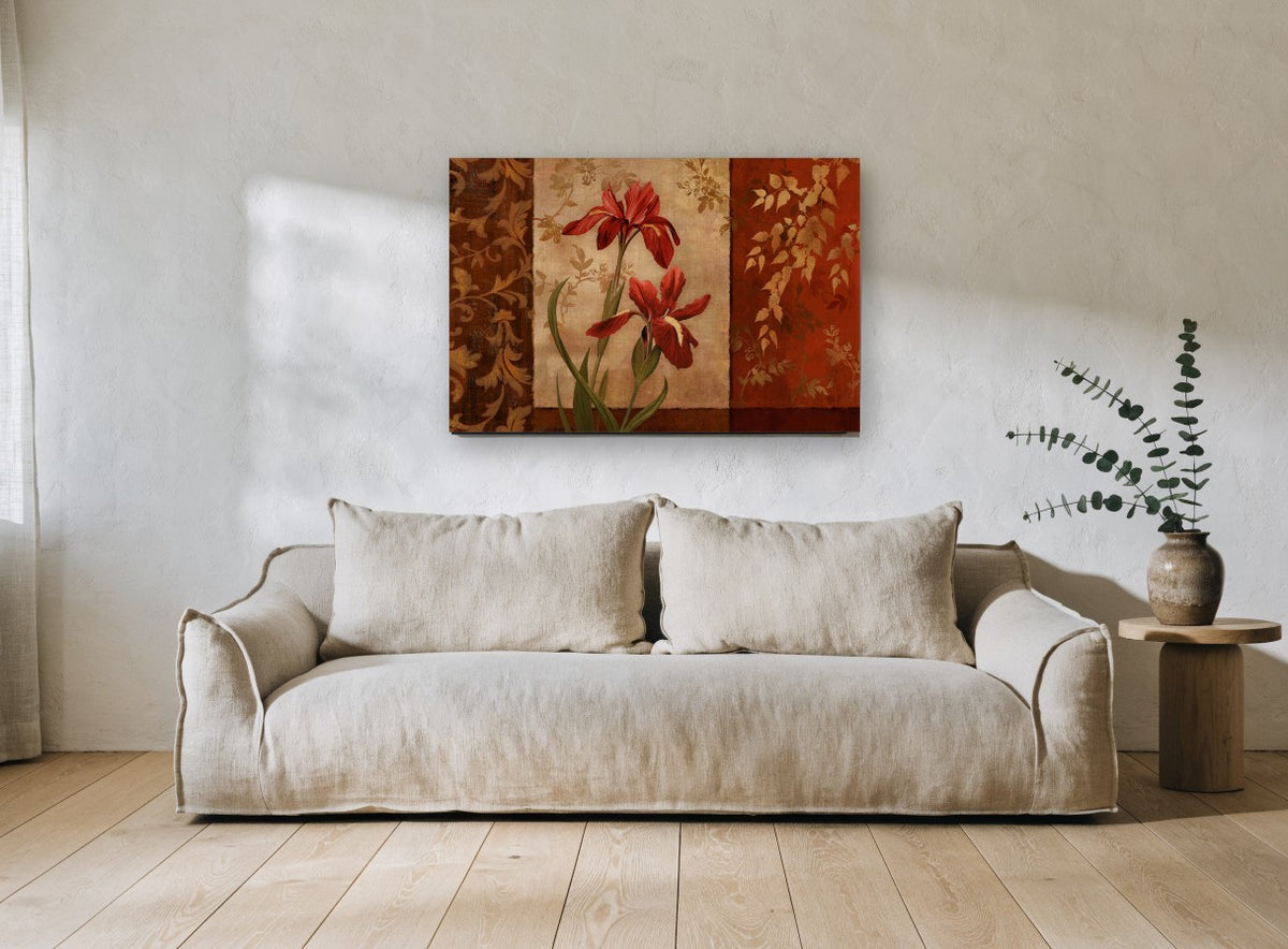 Crimson Iris Triptych floral canvas print on the wall of a living room