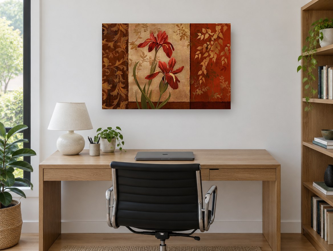 Crimson Iris Triptych floral canvas print on the wall of a study
