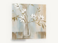 White Magnolia Stems in Glass, white magnolia blossoms in glass vase, floral canvas wall art print ready to hang