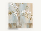 White Magnolia Stems in Glass, white magnolia blossoms in glass vase, floral canvas wall art print ready to hang