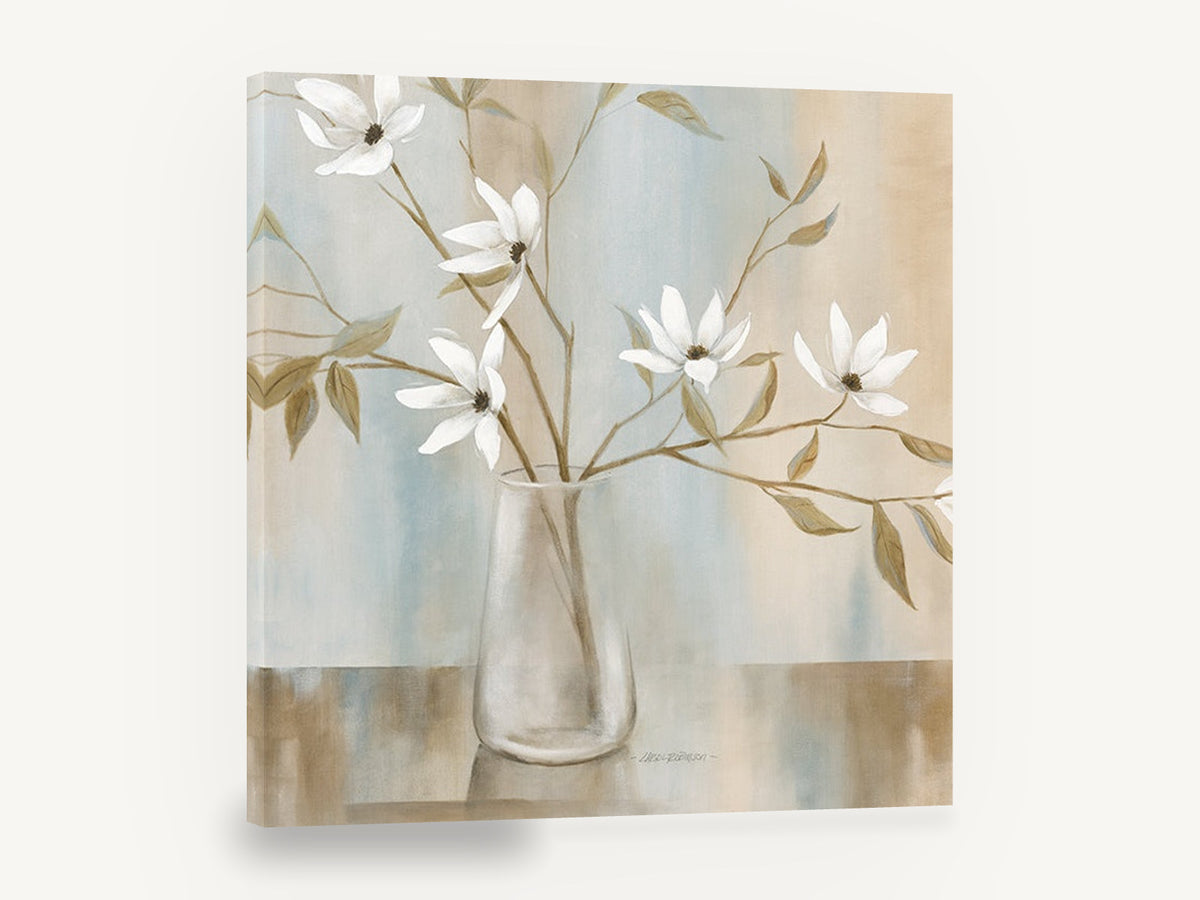 White Magnolia Stems in Glass, white magnolia blossoms in glass vase, floral canvas wall art print ready to hang