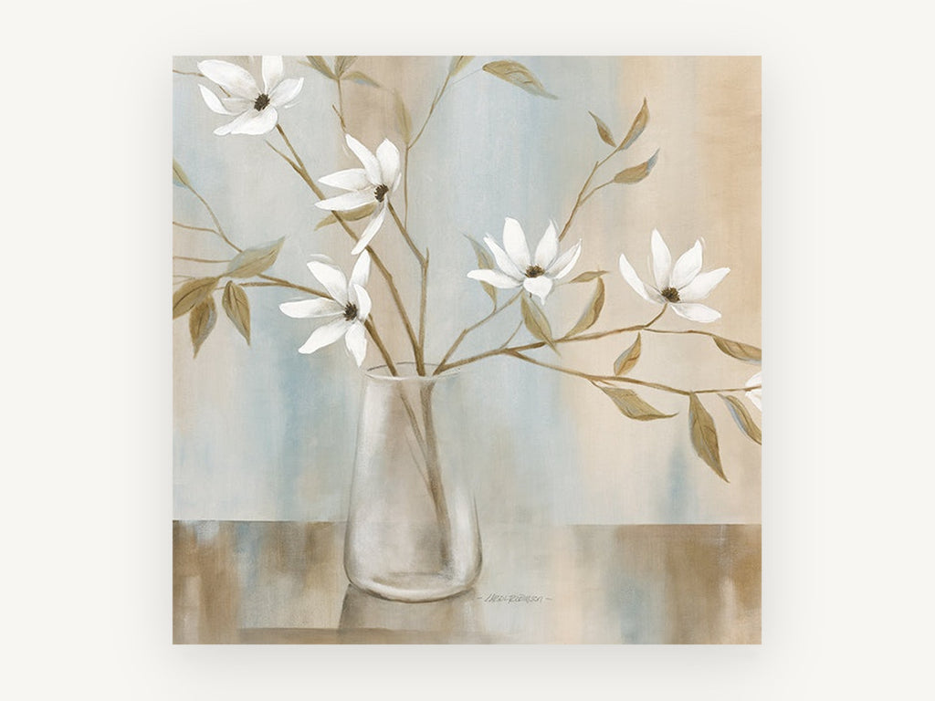 White Magnolia Stems in Glass, floral canvas wall art print, front view