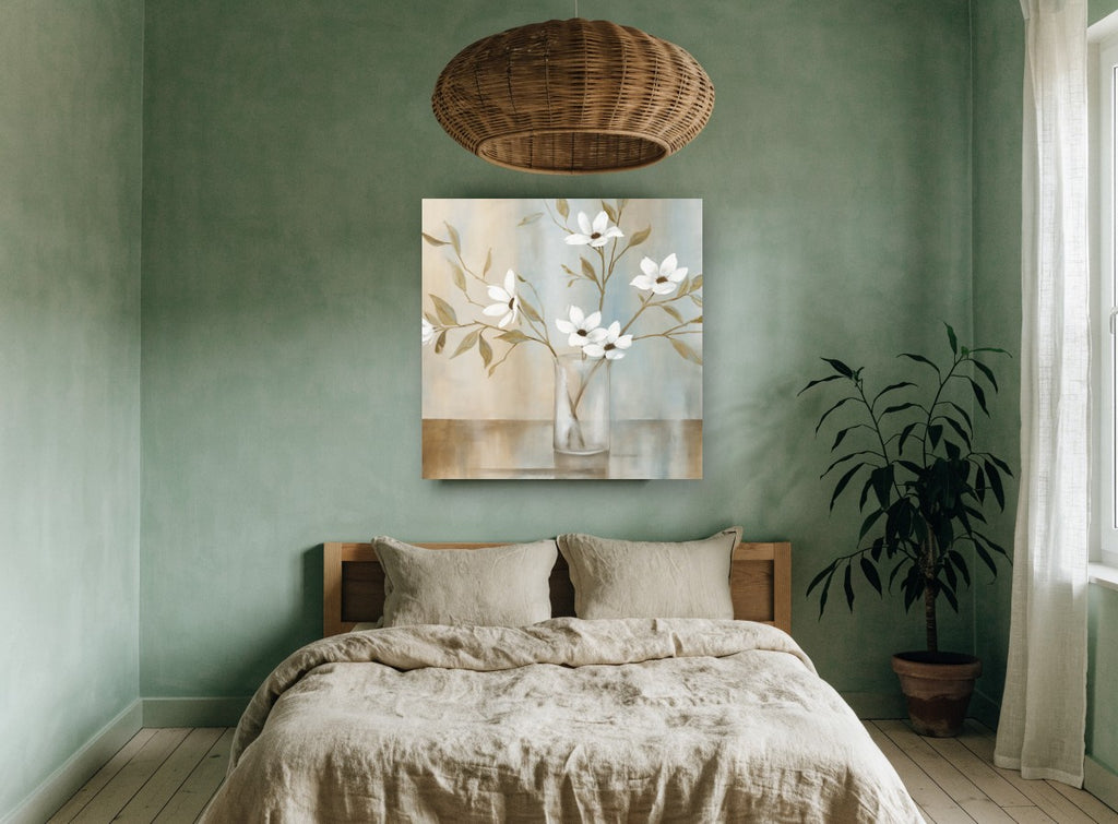 White Blooms in Glass floral canvas print on the wall of a bedroom