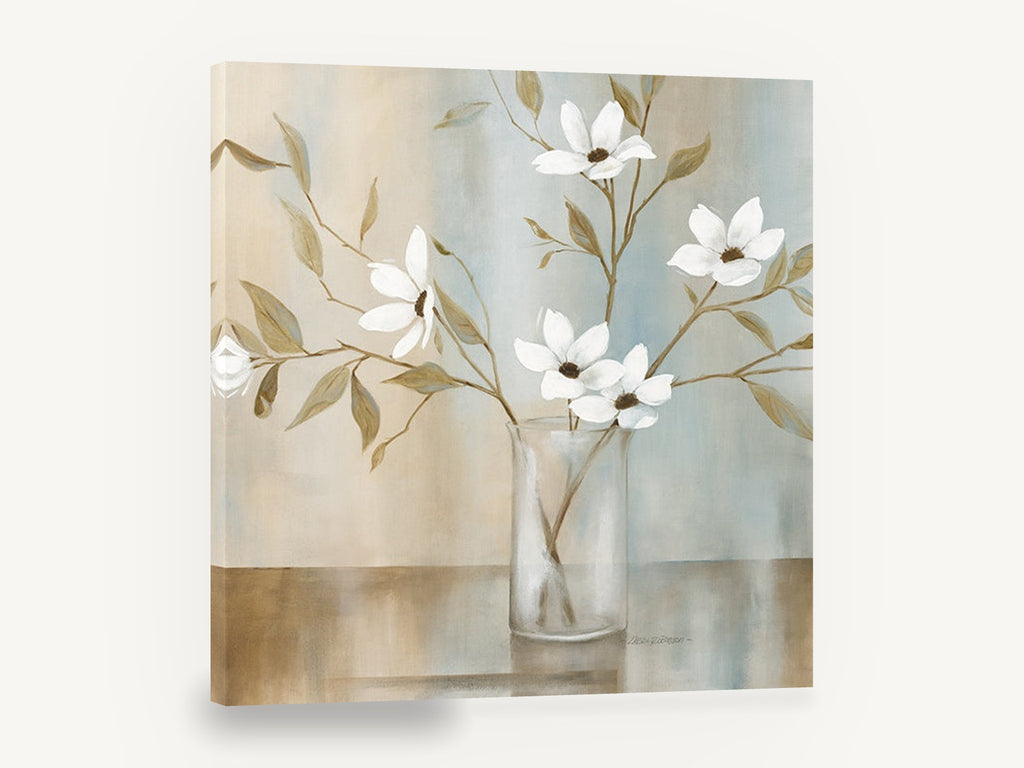 White Blooms in Glass, white flowers in glass vase painting, floral canvas wall art print ready to hang