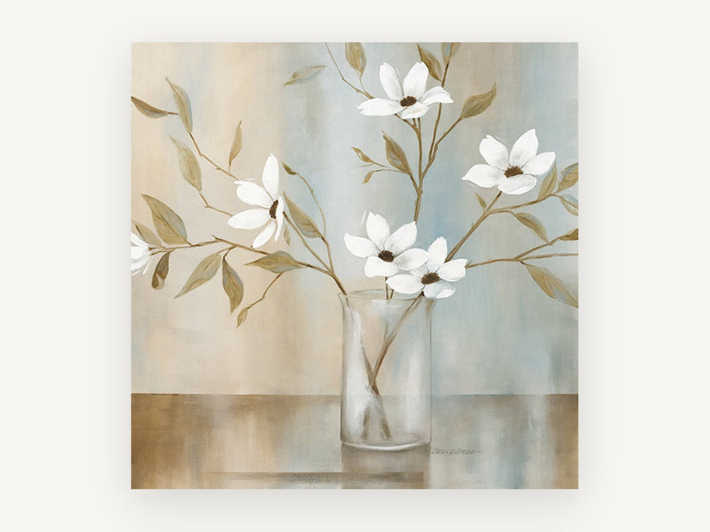 White Blooms in Glass, floral canvas wall art print, front view