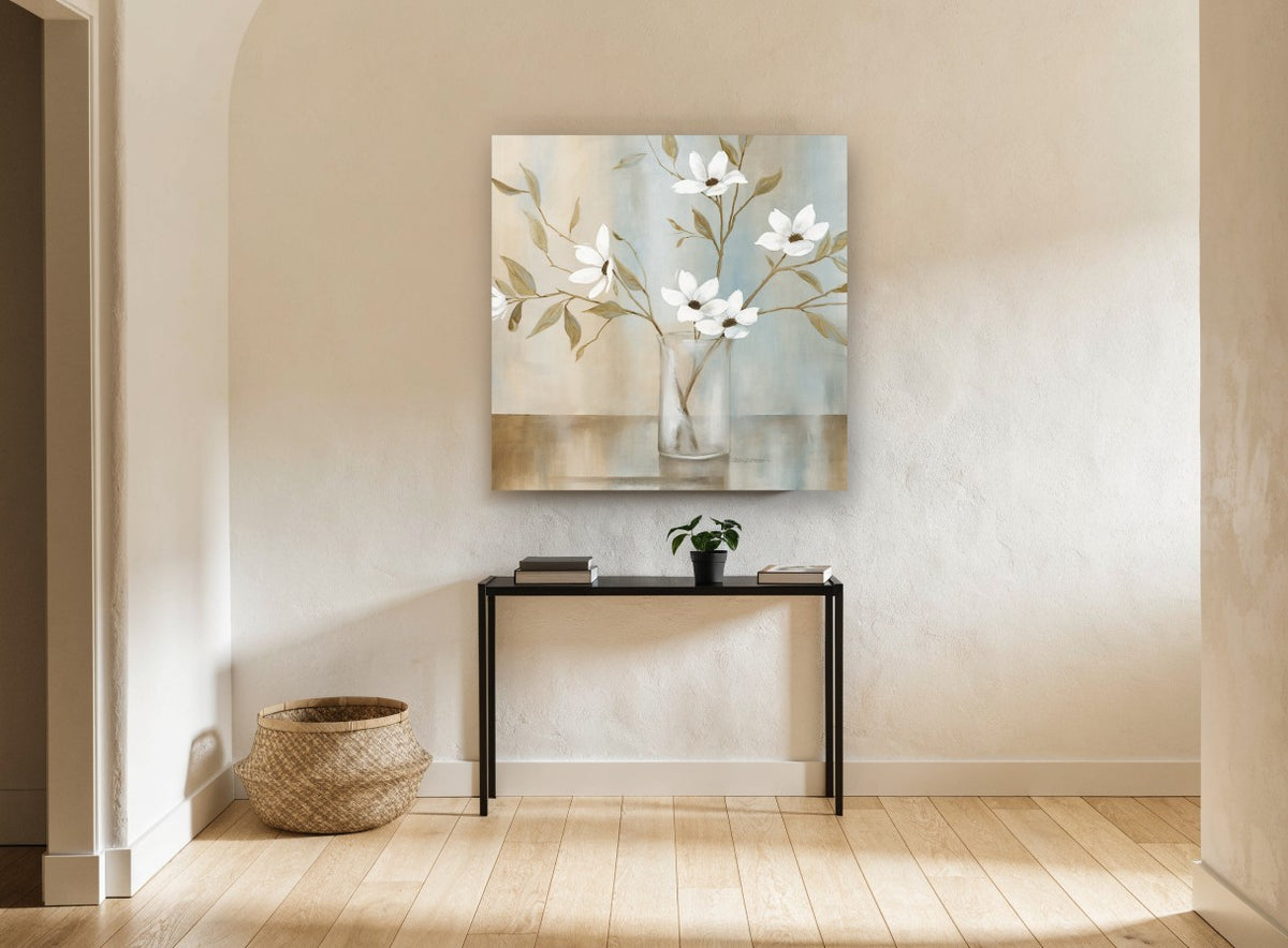 White Blooms in Glass floral canvas print on the wall of a hallway