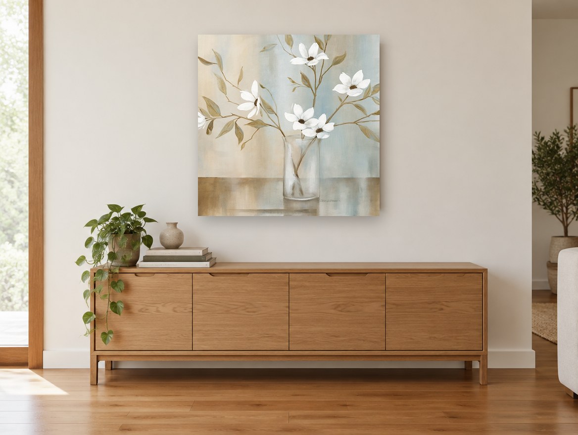 White Blooms in Glass floral canvas print on the wall of a living room above a sideboard