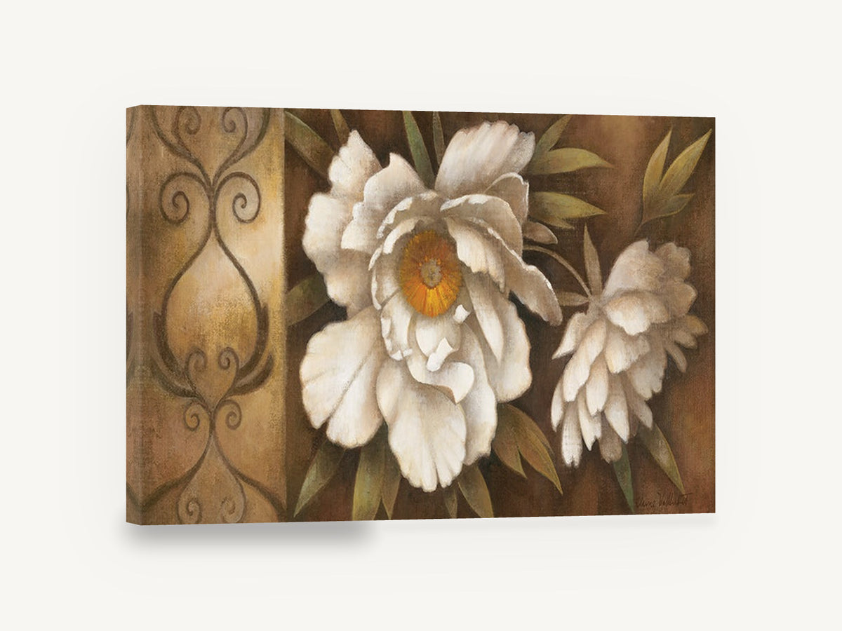 Cream Peony Scroll, white peony floral scroll panel, floral canvas wall art print ready to hang