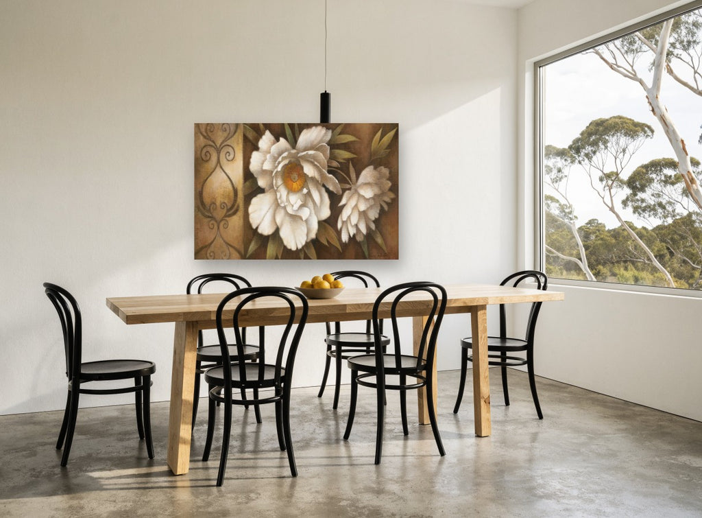 Cream Peony Scroll floral canvas print on the wall of a dining room