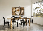 Cream Peony Scroll floral canvas print on the wall of a dining room
