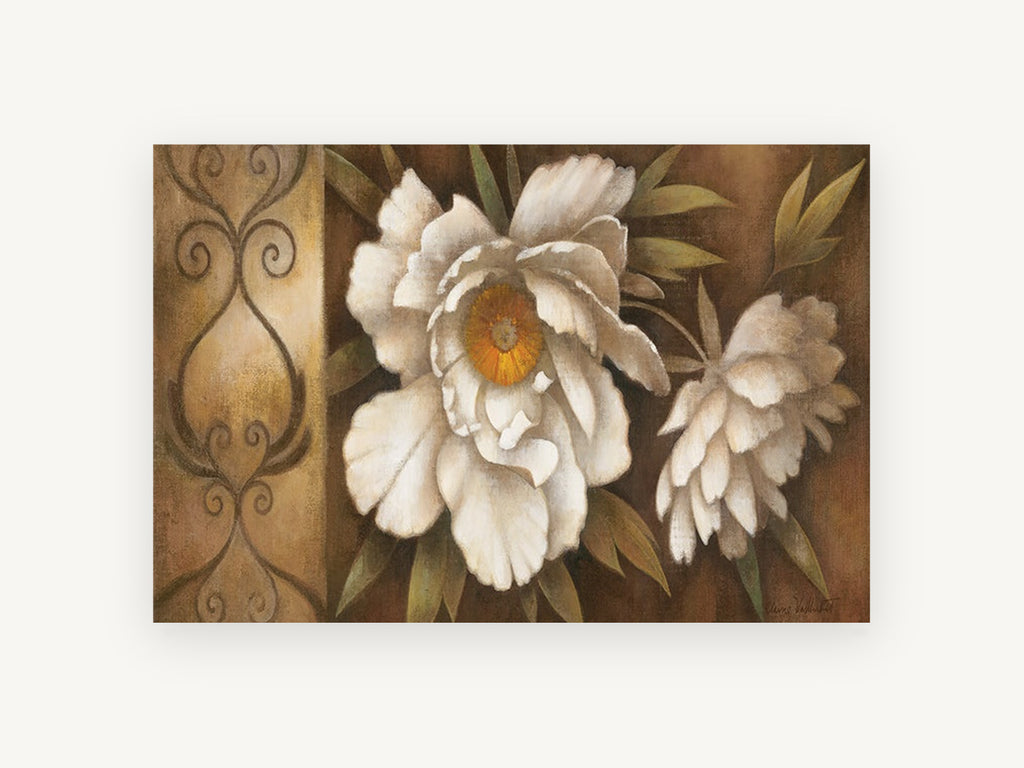 Cream Peony Scroll, floral canvas wall art print, front view