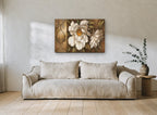 Cream Peony Scroll floral canvas print on the wall of a living room