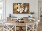 Cream Peony Scroll floral canvas print on the wall of a Hamptons dining room