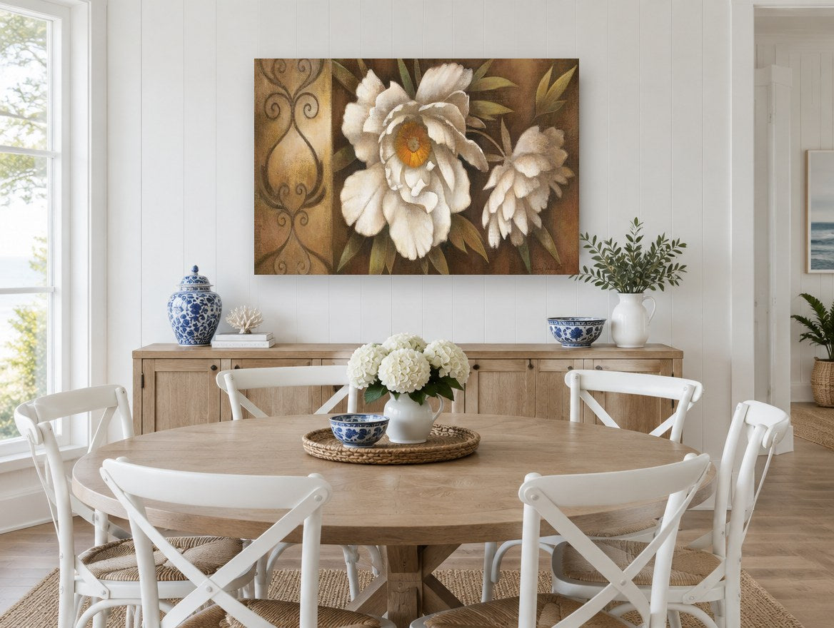 Cream Peony Scroll floral canvas print on the wall of a Hamptons dining room