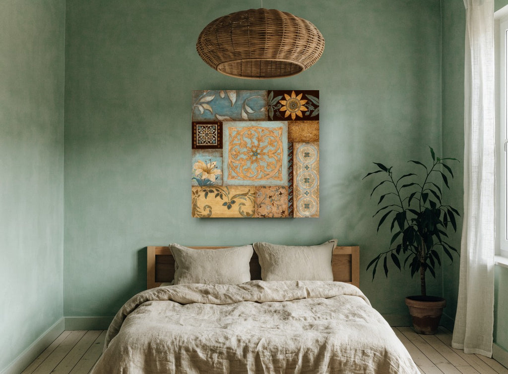 Teal and Gold Tile Patchwork floral canvas print on the wall of a bedroom