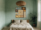 Teal and Gold Tile Patchwork floral canvas print on the wall of a bedroom