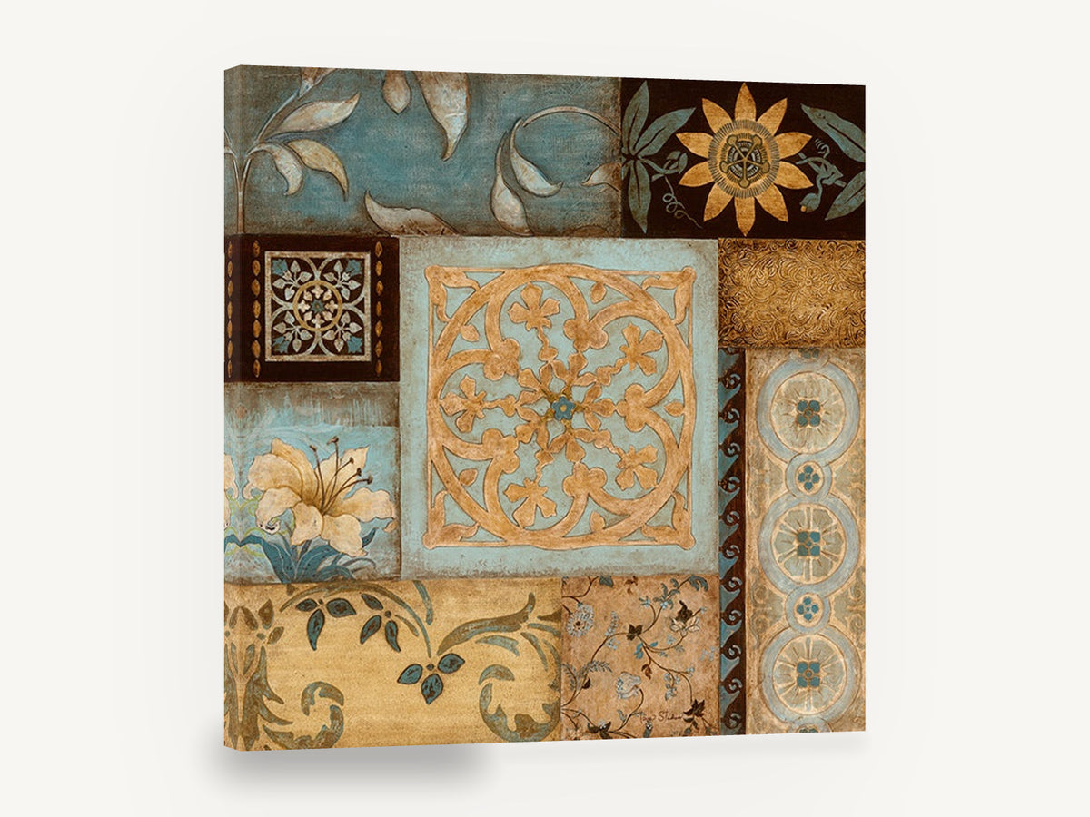 Teal and Gold Tile Patchwork, teal and gold patchwork tile floral, floral canvas wall art print ready to hang