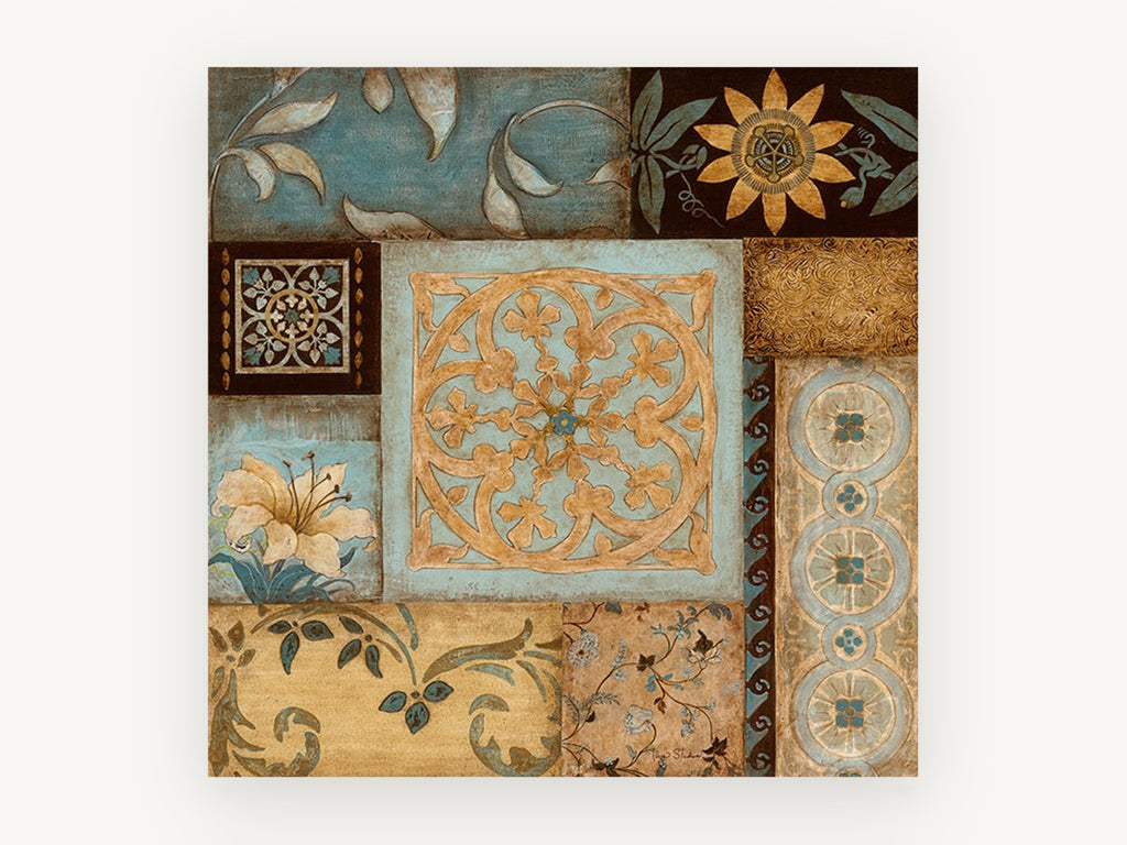 Teal and Gold Tile Patchwork, floral canvas wall art print, front view
