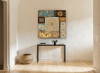 Teal and Gold Tile Patchwork floral canvas print on the wall of a hallway