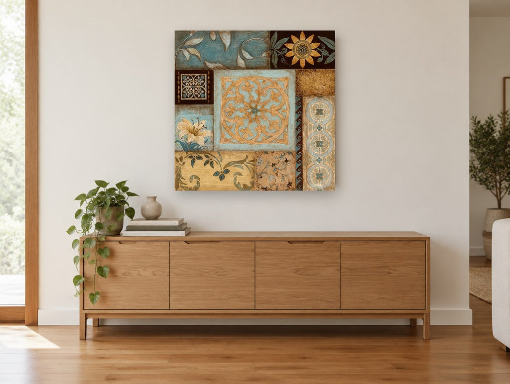 Teal and Gold Tile Patchwork floral canvas print on the wall of a living room above a sideboard