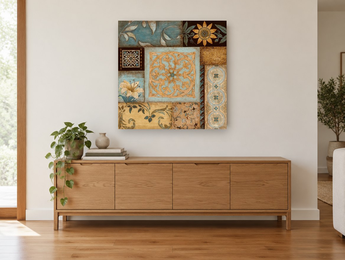 Teal and Gold Tile Patchwork floral canvas print on the wall of a living room above a sideboard