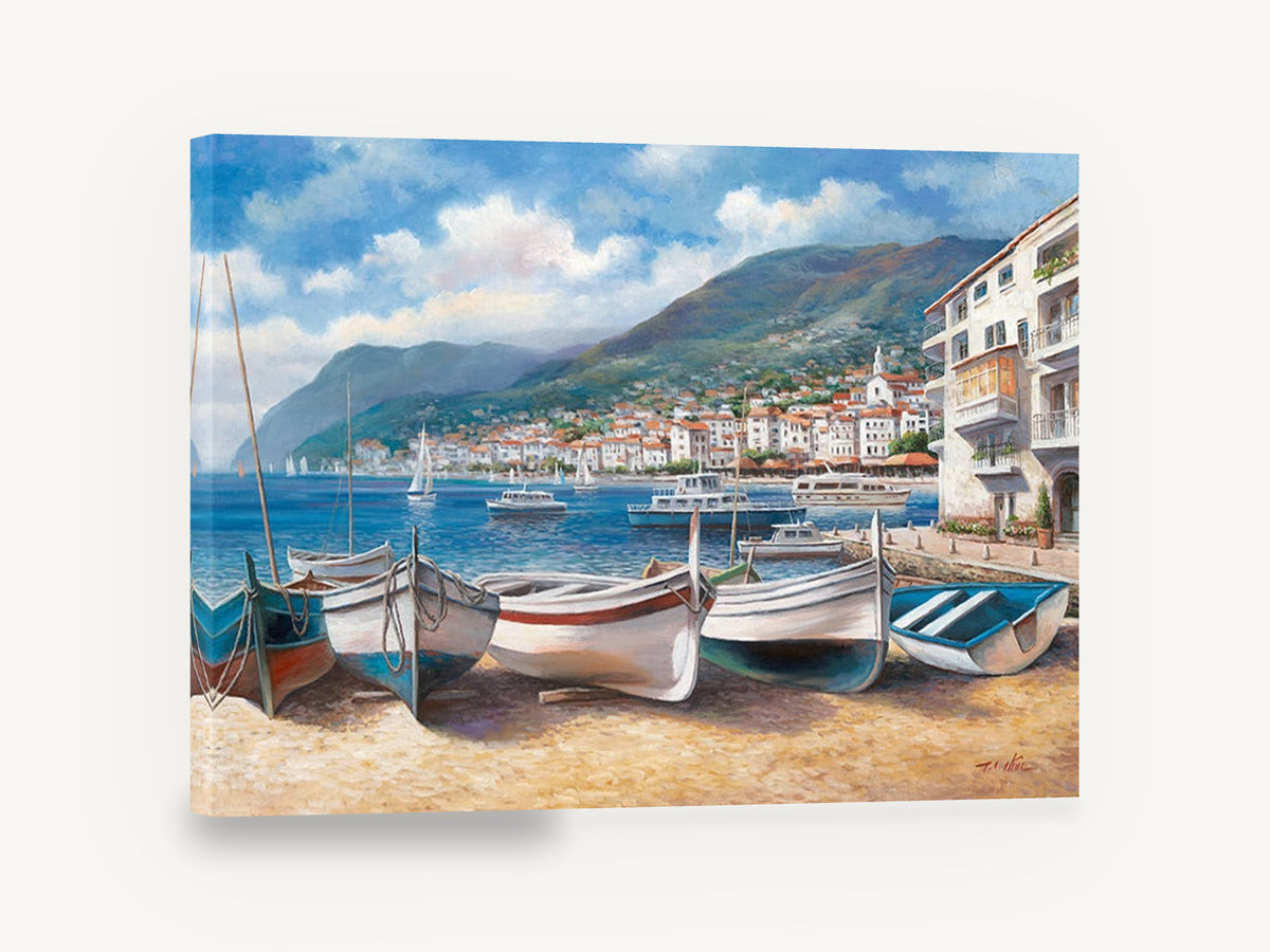 Morning Boats on the Shingle, fishing boats mediterranean harbour painting, coastal canvas wall art print ready to hang
